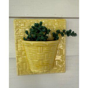 Vintage 50's California Pottery Yellow Basket Weave Planter Wall Pocket Retro